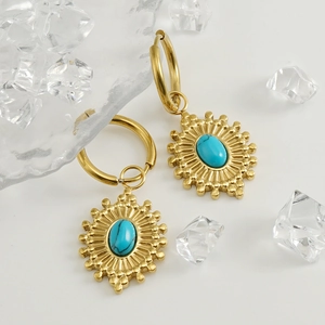 Boucles d'oreilles créoles dorées en acier inoxydable avec turquoises et tournesols