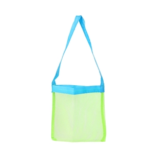 Detail of light green mesh beach bag featuring durable blue fabric shoulder straps