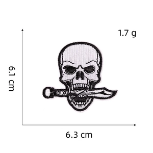 Detailed size view of skull and dagger embroidery patch with 6.1 cm height measurements