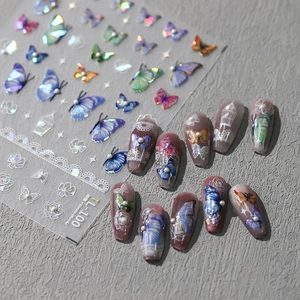 3D Stereoscopic Nail Art Stickers Laser Holographic Butterfly Flower Lace With Faux Artificial Pearl Self Adhesive Elegant Manicure Decor