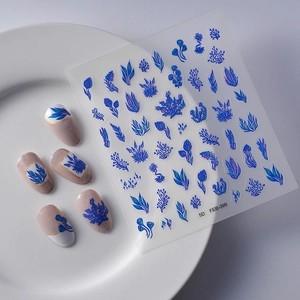 5D embossed Klein blue sea plant nail art stickers with 3D texture coral design