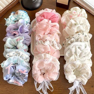Scrunchies Fabric Satin Chiffon Lace Bows Floral Plaid Polka Dot Elastic Hair Ties Ponytail Holder Korean Style Elegant