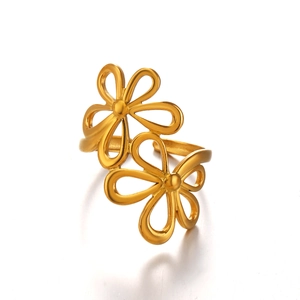 Golden double flower open ring in geometric hollow design with adjustable steel band