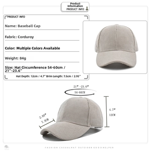 Corduroy baseball cap size chart showing head circumference and brim dimensions