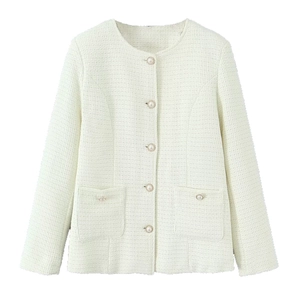 Women's cream white tweed jacket with pearl buttons and round neck in flat lay view