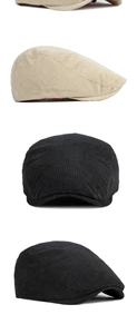 Detailed views of corduroy flat caps in beige and black with soft velvet-like texture