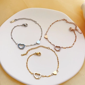 Fashion Titanium Steel Heart Bracelet For Women Shiny Rhinestone Inlaid Hollow Heart Double Charm Adjustable Hand Jewelry Gift