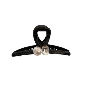 French style black acrylic hair claw clip with faux pearl and rectangular rhinestone accents
