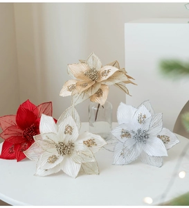 Detailed close-up of velvet glitter Christmas poinsettia flowers with sequin edges