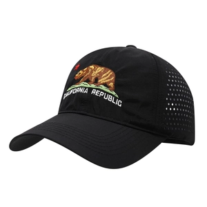 Black quick-dry baseball cap with California Republic bear embroidery and laser-cut vents