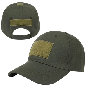 Tactical army green baseball cap with ripstop fabric and velcro panels for patches