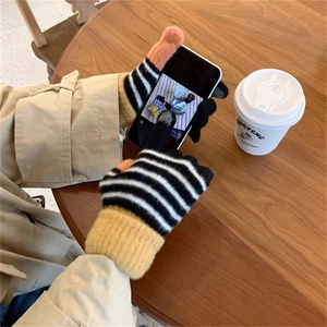 Striped knit touch screen gloves for women with colorful ribbed cuffs and warm lining