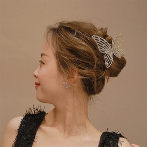 Detail of silver butterfly hair claw and earrings with sparkling rhinestone crystals