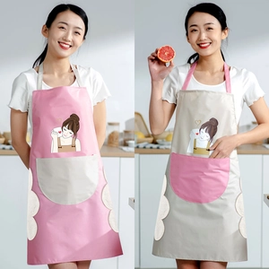 Waterproof kitchen apron with cute cartoon girl print and coral fleece hand towels