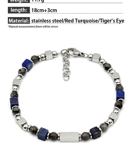 Detail of beaded men's bracelet showing 18cm length, 11.7g weight and steel lobster clasp