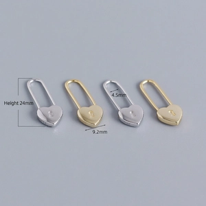 S925 sterling silver heart lock earrings in gold and silver, measuring 24mm height