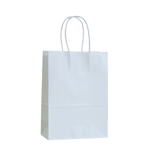 Standard white kraft paper gift bag with durable twisted handles and flat bottom structure