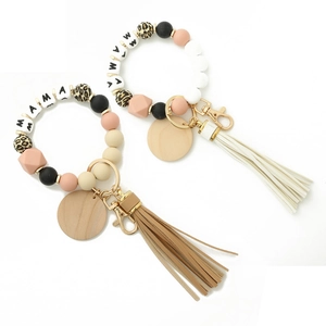 Fashion MAMA Silicone Bead Wristlet Keychain With Wood Bead Leather Tassel Leopard Print Bracelet Key Ring For Women Mother Gift