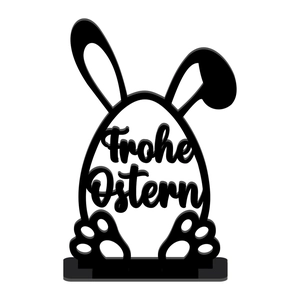 Detail of black silhouette Easter bunny and egg acrylic stand with Frohe Ostern engraving