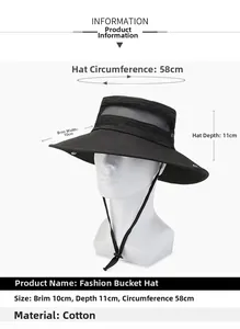 Detail view of black sun hat with breathable mesh and 10cm wide brim for sun protection