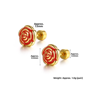 Detailed view of red enamel rose stud earrings in gold plated steel with measurements