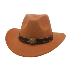 Detail of western cowboy hat with brown felt material and bronze star buckle on leather band