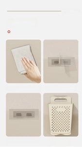 Detail guide showing four steps to install a wall-mounted mesh laundry basket with hooks