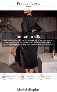 Detail showing the elegant black satin robe fabric texture and five satin weave finish