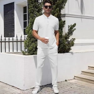 Men's summer white two-piece set featuring short sleeve zip polo and matching leisure trousers