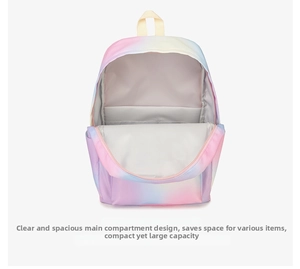 Internal view of student backpack showing large main compartment and grey lining