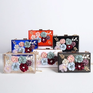 Chic acrylic evening clutch with 3D floral embellishments and chain strap in multiple colors