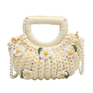 Handmade woven daisy handbag with pearl chain strap in beige cotton for women