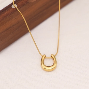 Macro shot of gold horseshoe pendant necklace resting on textured walnut tray
