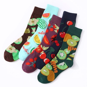 Detailed flat lay of five pairs of cotton fruit-patterned mid-calf crew socks