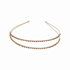 Sparkling double-layered golden metal headband with colorful rhinestones for women
