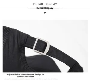 Detail view of the adjustable silver metal buckle on black breathable mesh sport cap