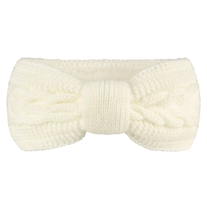 Close-up of the thick cable knit texture and bow knot on the cream-white hairband