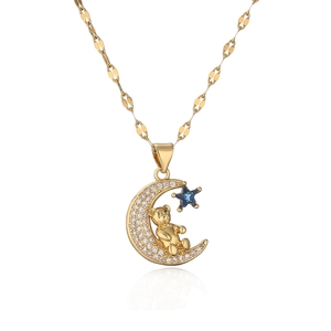 Gold plated crescent moon and bear pendant necklace with sparkling cubic zirconia stones