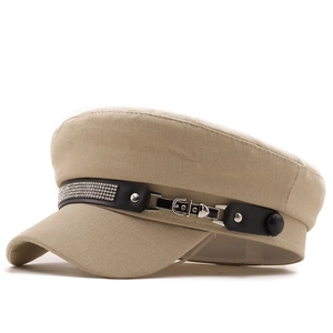 Stylish khaki military cap with rhinestone strap and metallic buckle for women