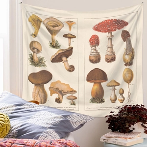 Detail of vintage mushroom tapestry with German botanical labels for wall decor
