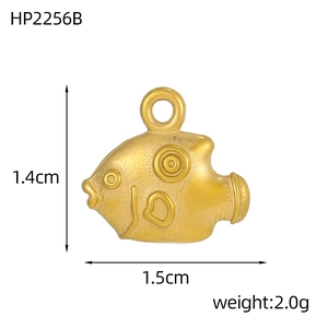 Detailed size diagram for koi fish pendant measuring 1.4cm by 1.5cm with matte gold finish
