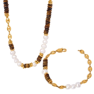 Tiger eye and pearl necklace set with gold chain and pig nose pendant for women