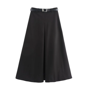 Women A-Line Maxi Skirt Herringbone Woolen Fabric With Belt Autumn Winter High Waist Commuter Elegant Long Skirt