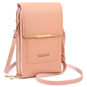 Pink PU leather touchscreen phone crossbody bag with gold hardware and zipper pockets