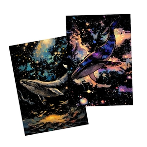 Luminous glow-in-the-dark scratch art kit featuring cosmic whale and starry sky patterns