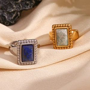 Vintage 18K gold plated stainless steel rectangle stone rings on silk and rock