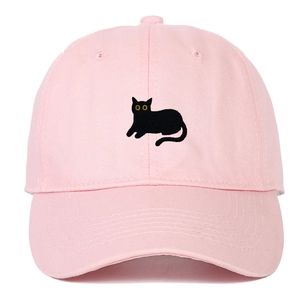 Pink cotton baseball cap with black cat embroidery and curved brim for sun protection