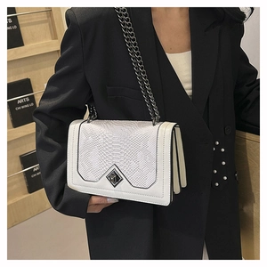 Gros plan d'un sac blanc à motif serpent avec chaîne argentée et boucle en diamant