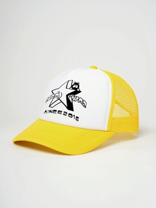 Detail shot of the two-tone yellow mesh trucker hat with star and cartoon print