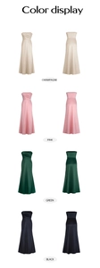 Farbdisplay eleganter trägerloser Abendkleider in Champagner, Rosa, Grün und Schwarz Satin